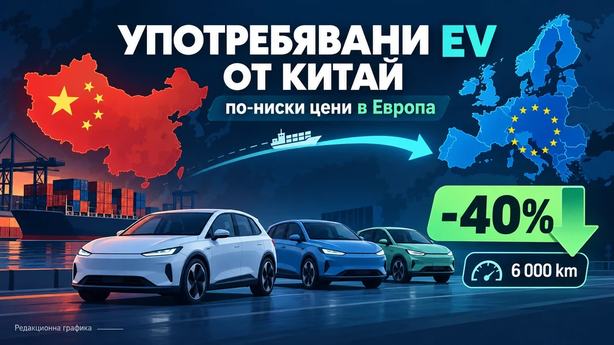 Илюстрация с карта на Китай и карта на Европа, свързани с морски маршрут, три електромобила и означения за 40% по-ниска цена и пробег 6 000 км.